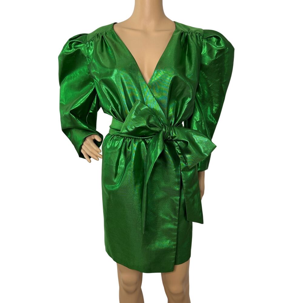 Happy x Nature Green Metallic Puff Sleeve Party Holiday Dress Size 14